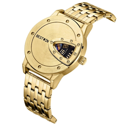 BESTWIN Men Personality Quartz Watch Industrial Style Triangle Dial No Pointer Digital Display Stainless Steel Wristwatch