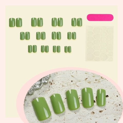 Press On Nails Glossy Short Square False Nails Full Cover Artificial Nails Olive Green Simple Style For Women