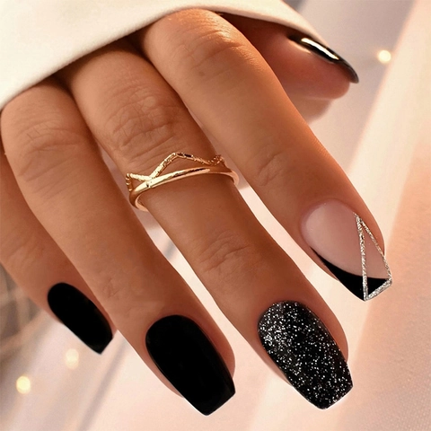 Matte Black Press On Nails Geometric French Style Glitter Artificial Nails For Women Fake Nails With Adhesive Tabs