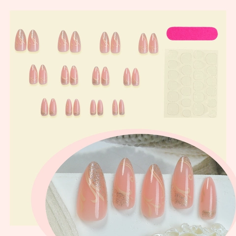 Uñas Postizas Press On Francesas Patrón Mármol Blanco Almendra Largo Rosa Nude Con Purpurina Dorada Para Mujeres