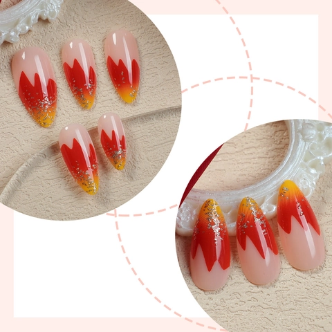 Uñas Postizas Presión Degradado Llama Rojo Amarillo Naranja Larga Forma Almendra Brillo Estilo Francés Con Pegamento Y Lima