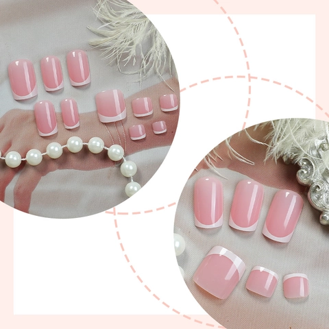 French Tip Press On Nails And Toe Nails Pink White Square Glossy ABS Reusable Artificial Fake Nails Manicure For Women