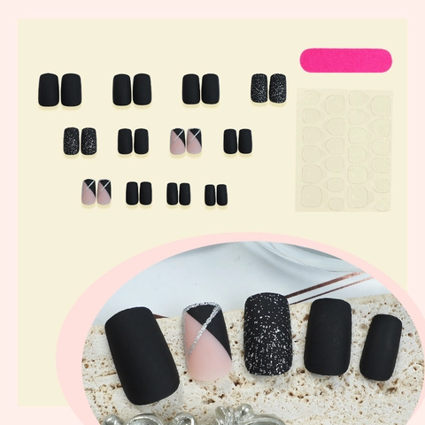 Matte Black Press On Nails Geometric French Style Glitter Artificial Nails For Women Fake Nails With Adhesive Tabs
