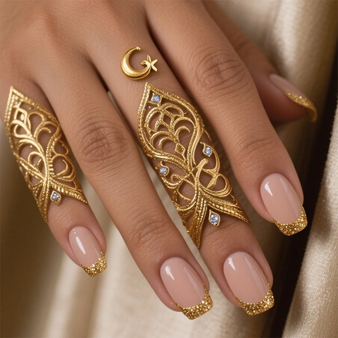 Französisch Nude Pink Künstliche Nägel Gold Glitzer Spitzen Eckig Rund Aufdrückbare Nägel Kit Mit Nagelfeile Und Kleber