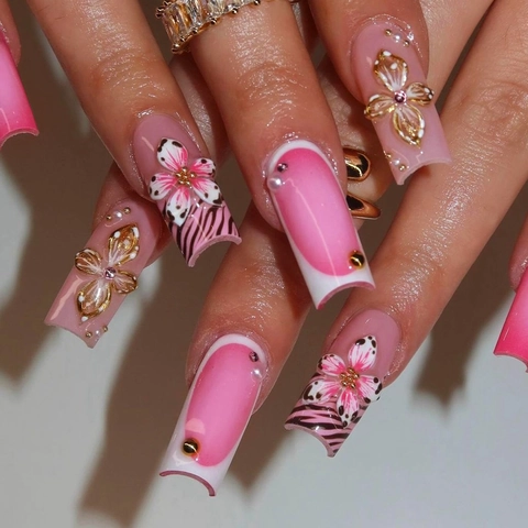 Press On Nails Pink Gradient 3D Flower Zebra Print Artificial Pearls Long Square Artificial False Nails For Women Handmade Style
