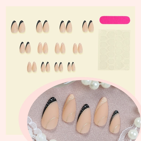 Uñas Postizas De Almendra Francesa Rosa Nude Puntas Negras Puntos Blancos Líneas Doradas Brillos Uñas Artificiales