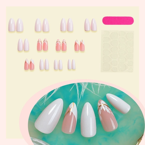 Unghie Finte Forma Mandorla Rosa Bianco Lucido ABS Con Linee Dorate Motivi Floreali Per Donne