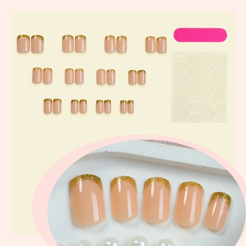 Französisch Nude Pink Künstliche Nägel Gold Glitzer Spitzen Eckig Rund Aufdrückbare Nägel Kit Mit Nagelfeile Und Kleber