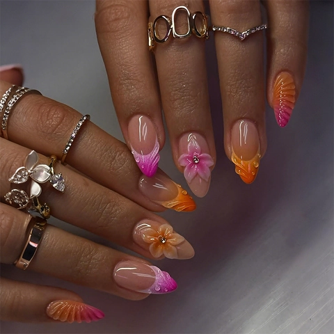 Press On Nails Mandelform Rosa 3D Blume Strass Farbverlauf Französische Spitze Elegante Künstliche Nägel Damen