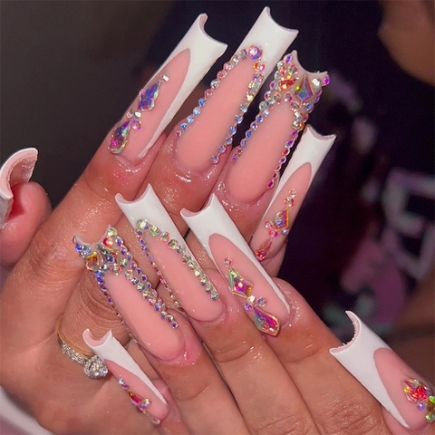 Uñas Postizas Largas De Ataúd Francesas Rosa Blanco Lujo Diamantes De Imitación Elegantes Para Mujeres