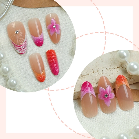 Press On Nails Mandelform Rosa 3D Blume Strass Farbverlauf Französische Spitze Elegante Künstliche Nägel Damen