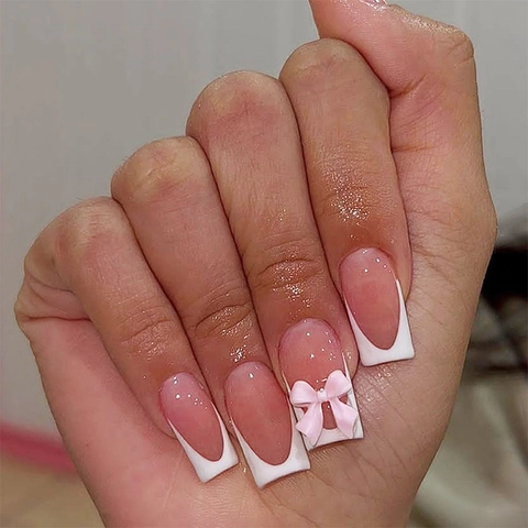 French Tip Press On Nails Long Square Nude Pink With 3D Bow Glossy Artificial Fake Nails For Women Manicure