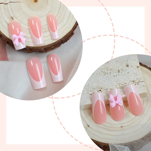 French Tip Press On Nails Long Square Nude Pink With 3D Bow Glossy Artificial Fake Nails For Women Manicure