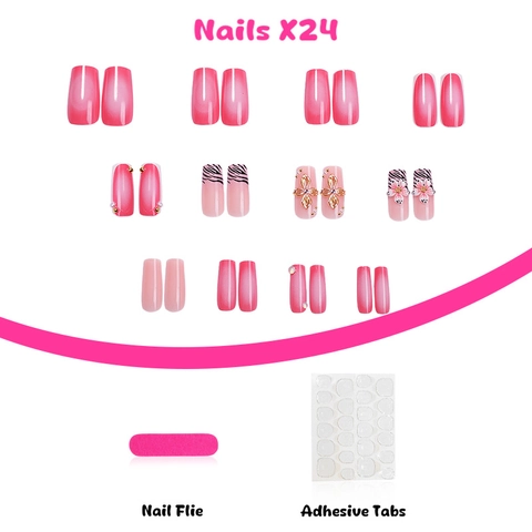 Press On Nails Pink Gradient 3D Flower Zebra Print Artificial Pearls Long Square Artificial False Nails For Women Handmade Style