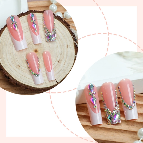 Uñas Postizas Largas De Ataúd Francesas Rosa Blanco Lujo Diamantes De Imitación Elegantes Para Mujeres