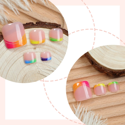 French Style Regenbogen Farbverlauf Aufkleben Fußnägel Kurz Quadratisch Vollflächig Falsche Nägel Für Frauen Mit Klebestreifen Und Feile