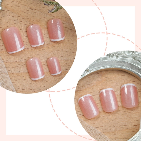 French Press On Nails Short Square Round Shape Fine Shimmer Pink White Tips ABS DIY Manicure Kit Elegant Women