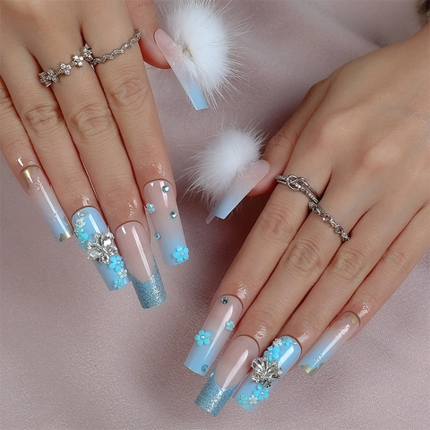 Long Coffin Press On Nails Blue Gradient With 3D Flowers Rhinestones And White Fur Pom Poms Artificial Fingernails Manicure