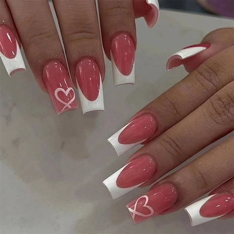 Press On Nails Long Square French Tip Sweet Heart Pattern Glossy Pink White Fake Nails For Women With Adhesive Tabs