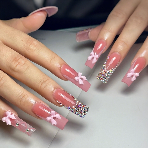 Press On Nails Long Coffin French Pink With 3D Bow Rhinestone Artificial Fake Nail Tips For Women DIY Manicure