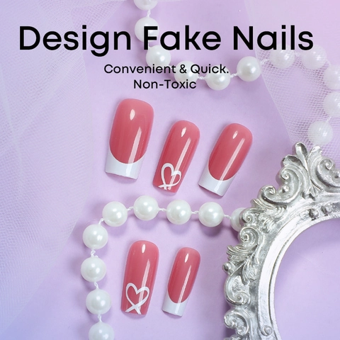 Press On Nails Long Square French Tip Sweet Heart Pattern Glossy Pink White Fake Nails For Women With Adhesive Tabs
