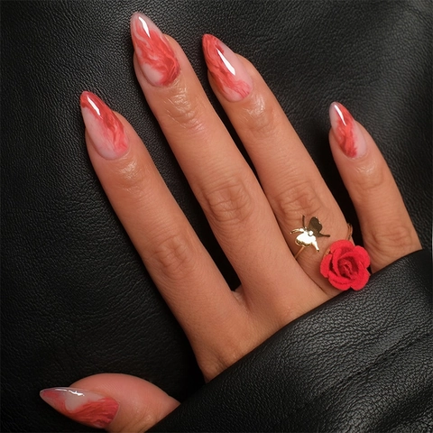 Press On Nails Almond Shape Red White Marble Pattern Glossy Full Cover Fake Nails With Adhesive Tabs And File For Women