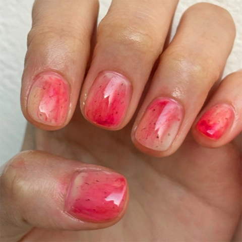 Press On Nails Short Round Square Gradient Pink Red Marble Smudge Design Fake Nails With Adhesive Tape And Nail File For Women
