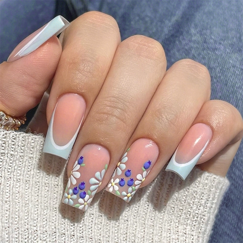 Press On Nails Long Square French Tip Glossy Fake Nails Nude Pink With Daisy Floral Print Designs For Women