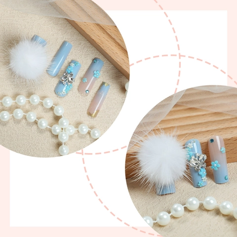 Long Coffin Press On Nails Blue Gradient With 3D Flowers Rhinestones And White Fur Pom Poms Artificial Fingernails Manicure