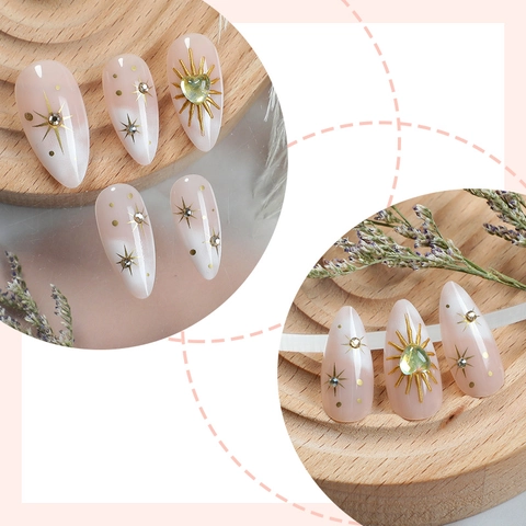 Uñas Postizas Largas Almendra Estilo Francés Estrella Dorada Corazón Diamantes Imitación Mármol Con Lima Y Pegamento