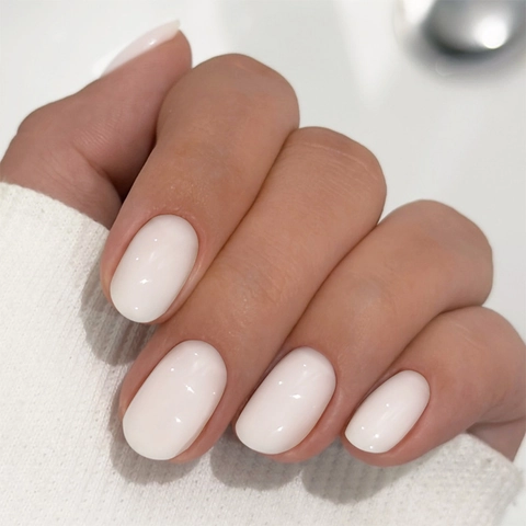 Press On Nagels Marmer Wit Glanzend Ovaal Kort Franse Eenvoudige Ins Stijl Dames Kunstnagels Manicure Met Plakstrips