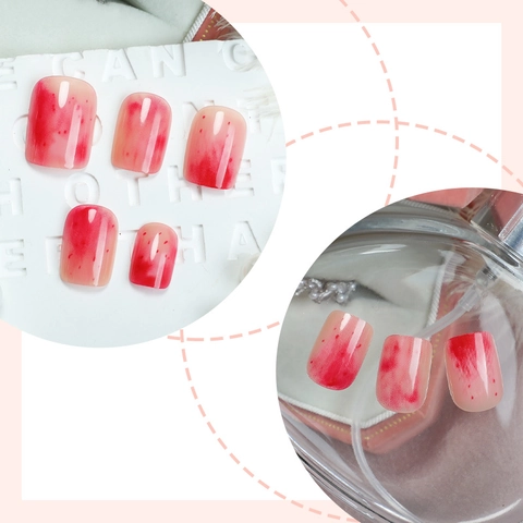 Press On Nails Short Round Square Gradient Pink Red Marble Smudge Design Fake Nails With Adhesive Tape And Nail File For Women