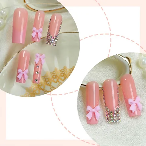 Press On Nails Long Coffin French Pink With 3D Bow Rhinestone Artificial Fake Nail Tips For Women DIY Manicure