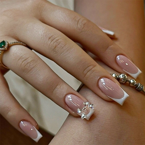 French Style Press On Nails With 3D Bow Decoration Nude Pink Glossy Square Artificial Fake Nails For Women Manicure Art Decor