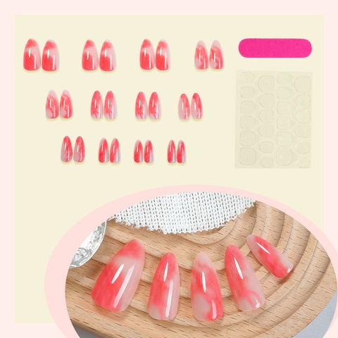 Press On Nails Almond Shape Red White Marble Pattern Glossy Full Cover Fake Nails With Adhesive Tabs And File For Women