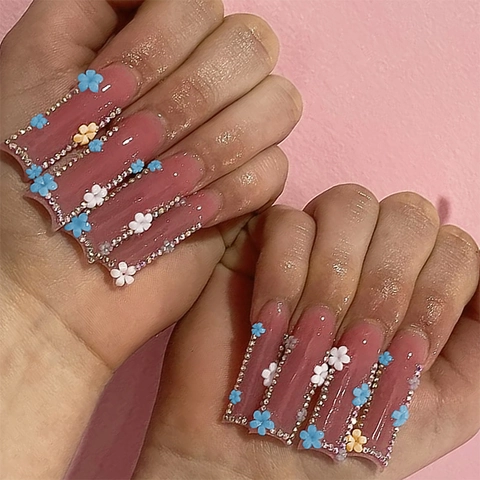Long Square Press On Nails Pink Artificial Fake Nails With 3D Flower Rhinestone Decor For Women DIY Manicure