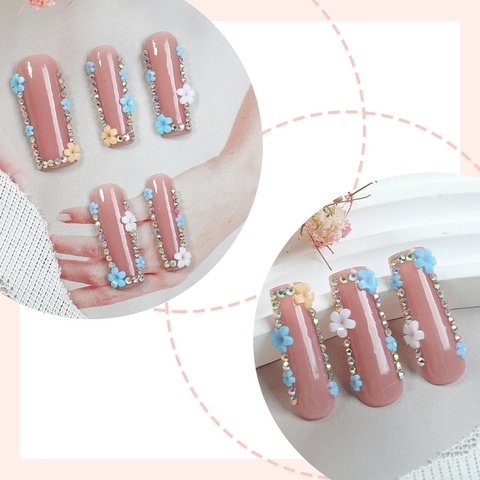 Long Square Press On Nails Pink Artificial Fake Nails With 3D Flower Rhinestone Decor For Women DIY Manicure