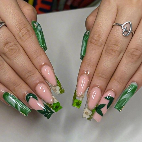 Press On Nails Lange Sargform Blumenmuster Grünes Blatt Strass Elegant Französischer Stil Marmor Textur Künstliche Nägel Damen