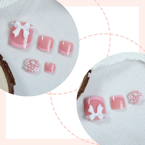 Press On Teennagels Roze Franse Stijl Korte Kunstmatige Teennagels Met 3D Witte Strik Kunstparel Bloem Voor Vrouwen