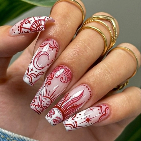 Long Square Press On Nails Mysticism Sun Moon Star White Red Bohemian Style Elegant Fake Nails For Women Daily
