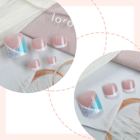 Unghie Finte Per Piedi French Blu Menta Sfumato Rosa Geometrico Glitter Argento Unghie Artificiali Eleganti Moda