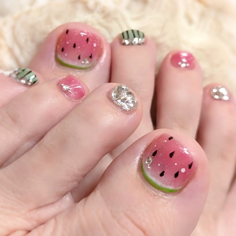 Watermelon Pattern Press On Toenails Rhinestone Glitter Summer Fruit French Style Square Shape False Foot Nails For Women