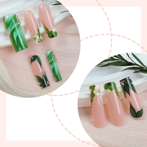 Press On Nails Lange Sargform Blumenmuster Grünes Blatt Strass Elegant Französischer Stil Marmor Textur Künstliche Nägel Damen