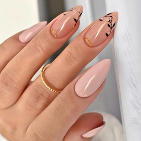 Almond Press On Nails Nude Pink Black Leaf Gold Edge Pattern Plastic Artificial Nails With Adhesive Tabs And Nail File