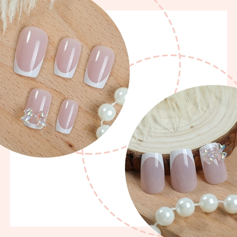 French Style Press On Nails With 3D Bow Decoration Nude Pink Glossy Square Artificial Fake Nails For Women Manicure Art Decor