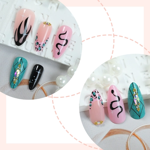 Uñas Postizas Largas Almendra Pintado A Mano Serpiente Leopardo Ojo Turco Llama Diamante Rosa Negro Verde Moda Y2K Mujeres
