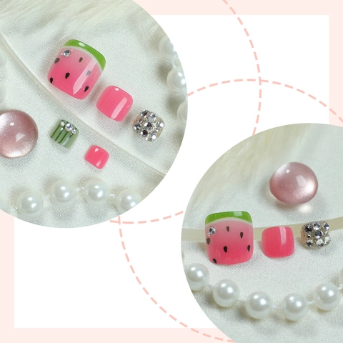Watermelon Pattern Press On Toenails Rhinestone Glitter Summer Fruit French Style Square Shape False Foot Nails For Women