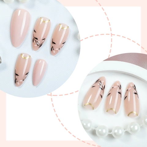 Almond Press On Nails Nude Pink Black Leaf Gold Edge Pattern Plastic Artificial Nails With Adhesive Tabs And Nail File