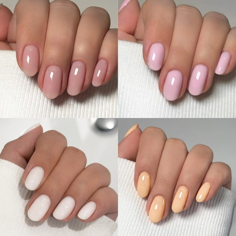 Uñas Postizas Cortas Ovaladas Brillantes Mármol Color Sólido Estilo Francés Con Pestañas Adhesivas Para Mujeres