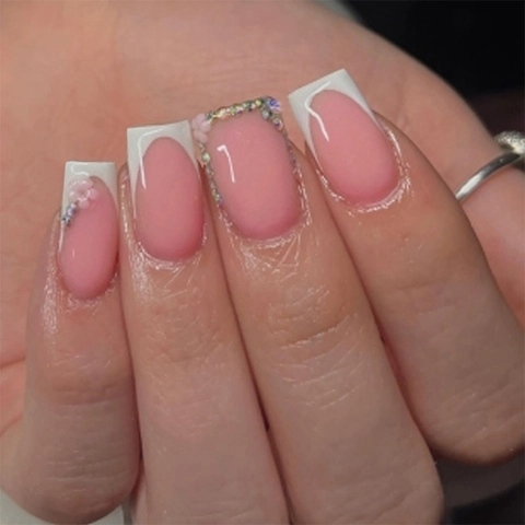 Press On Nails French Tip Rhinestone Nude Pink Medium Long Square Elegant False Nails For Women With Glue And File